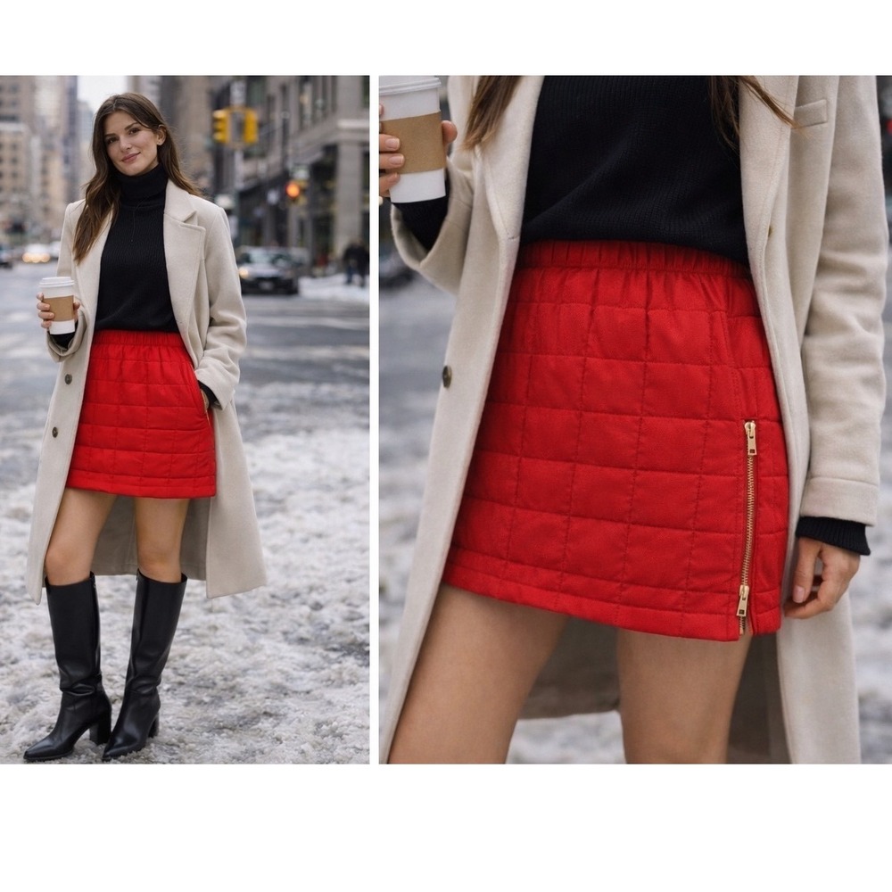 Bohme Red Quilted Puffer Mini Skirt‎ Elastic Waist Side Zips BHM1022TS Small
